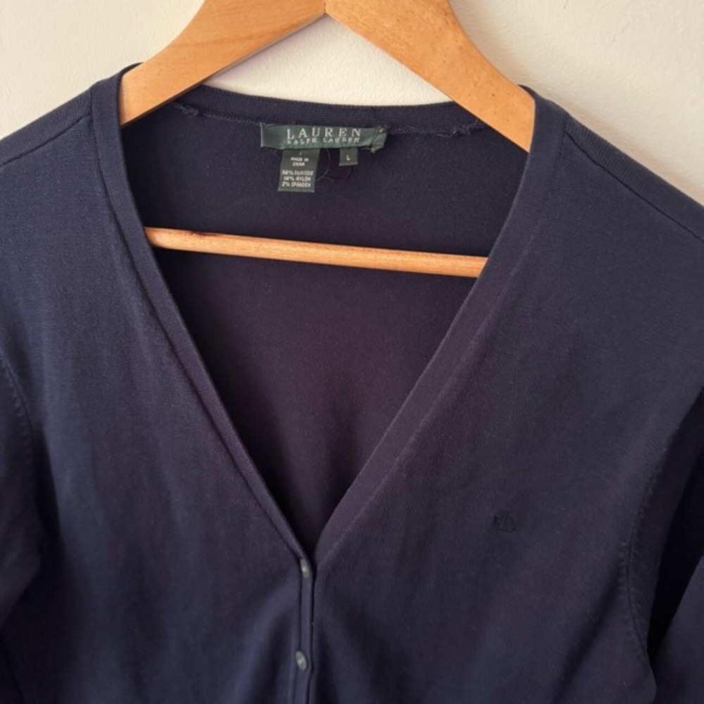 Lauren Ralph Lauren Navy Cardigan L Silk Y2K Preppy Luxury Clean Girl Academia - Picture 2 of 8